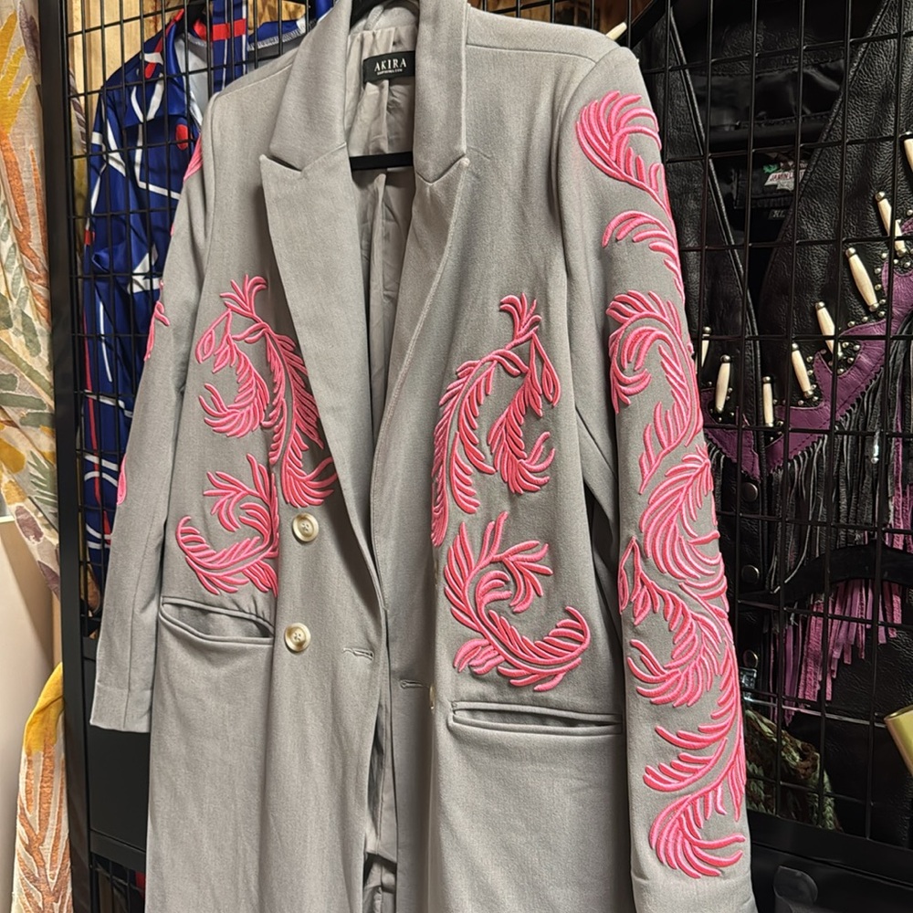 Akira Gray and Pink Embroidered Women's Trench Coat - Picture 3 of 8